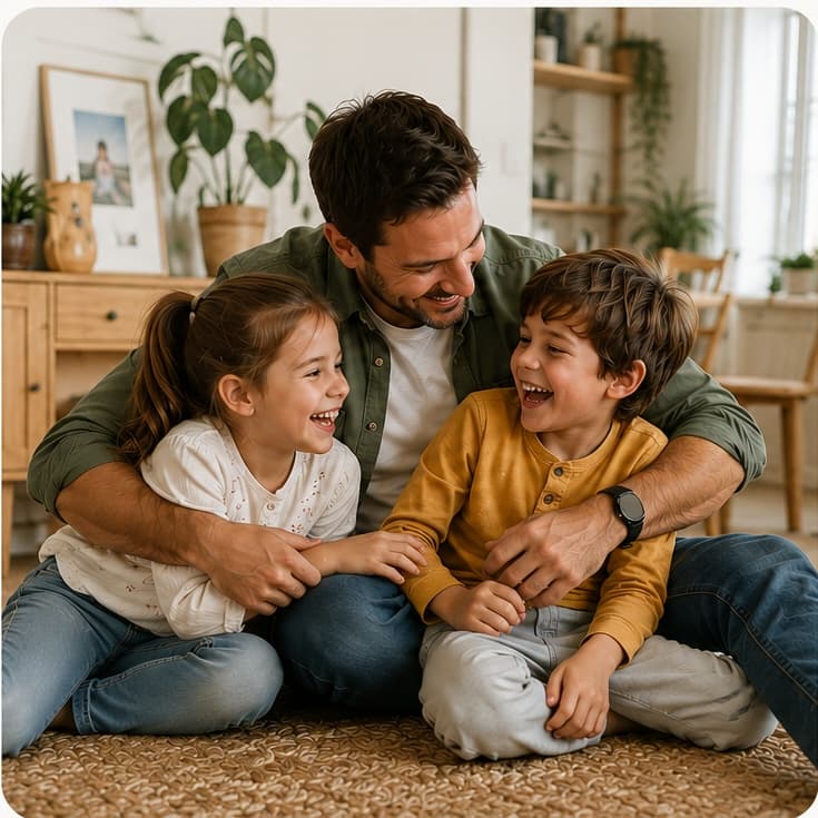Padre con sus dos hijos compartiendo un momento cercano en casa